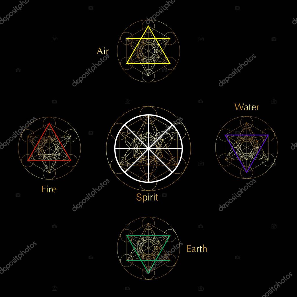 Four elements icons and Magic Spirit symbol, Gold round symbols set template. Air, fire, water, earth symbol. Pictograph Alchemy signs isolated on black background. Colorful vector decorative elements