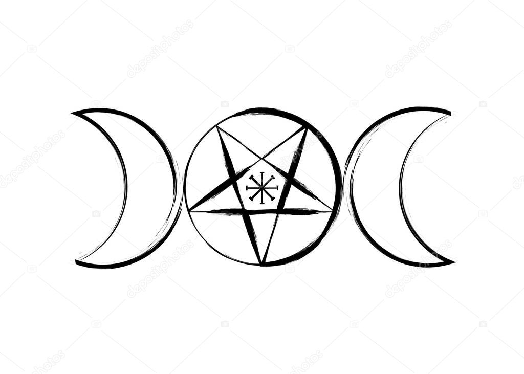 Triple Moon Goddess Wicca Pentacle symbol, pagan witchcraft icon in brush stroke style. Vector isolated on white background
