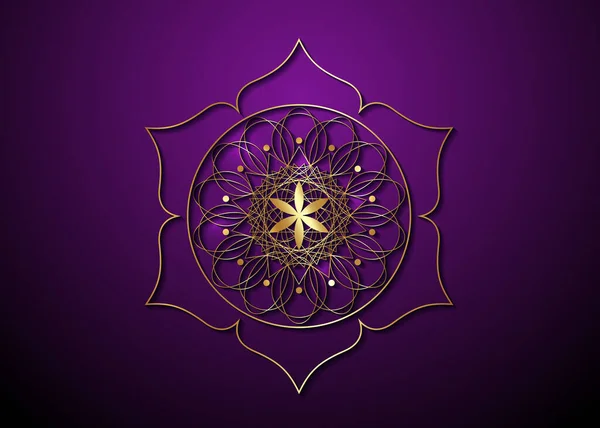 人生のシンボルの金の種神聖な幾何学 ロゴアイコン錬金術の幾何学的神秘的な曼荼羅生命の花 紫色の背景に隔離されたベクトル黄金の豪華な神の瞑想のお守り — ストックベクタ