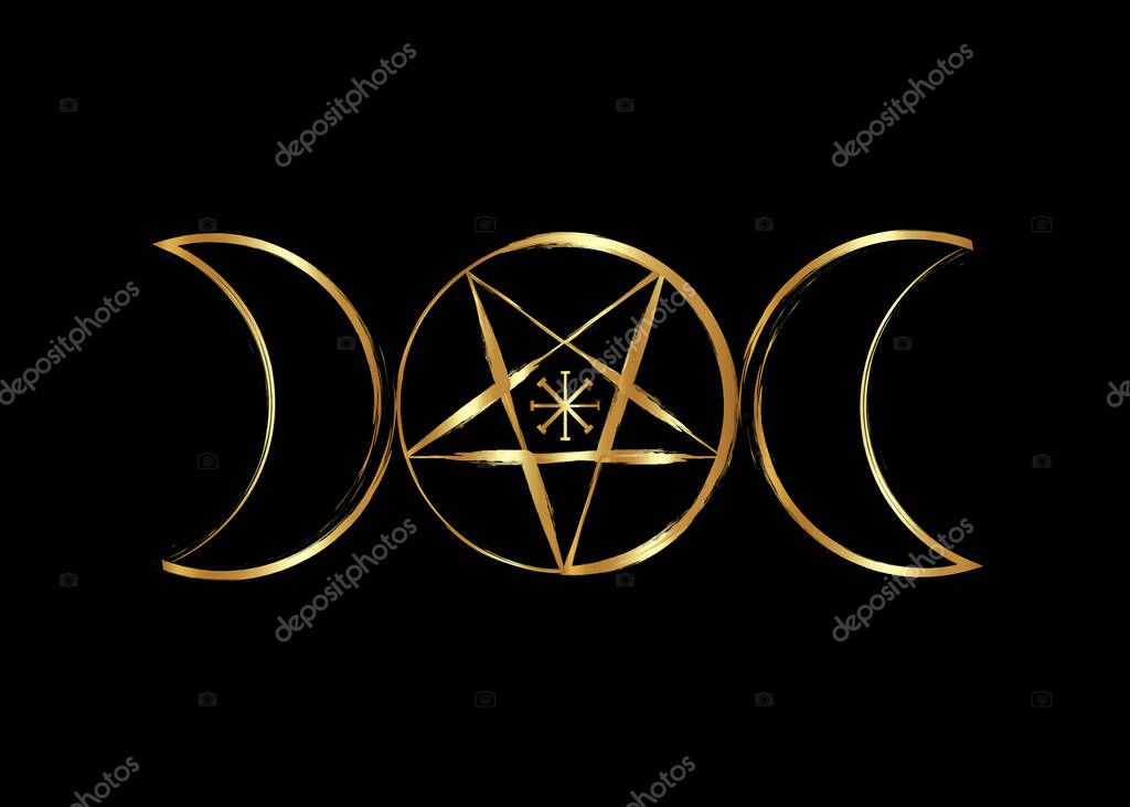 Triple Moon Goddess Wicca Pentacle symbol, golden pagan witchcraft icon in gold brush stroke style. Vector isolated on black background