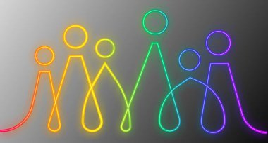 Katılım ve çeşitlilik bilgisel vektör seti, insanlar web sitesi için logo vektörü, Neon Light tarzı gay gururu 2021 yılı konsepti, gri arkaplanda izole edilmiş renkli gökkuşağı çizgisi sanat vektörü 