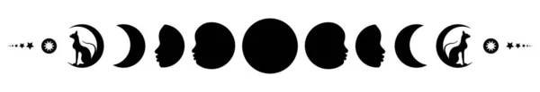 月亮的相位 三只月亮和黑猫 异教徒巫术女神的象征 第一季度 新月形 第三季度 白色背景下孤立的矢量旗帜 — 图库矢量图片