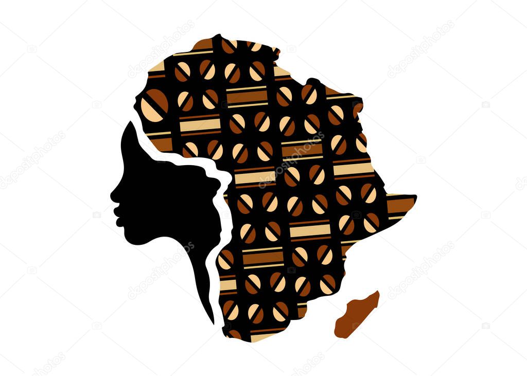 Concept of African woman, face profile silhouette with turban in the shape of a map of Africa. Colorful Afro print fabric, tribal logo design template Vector illustration isolated on white background