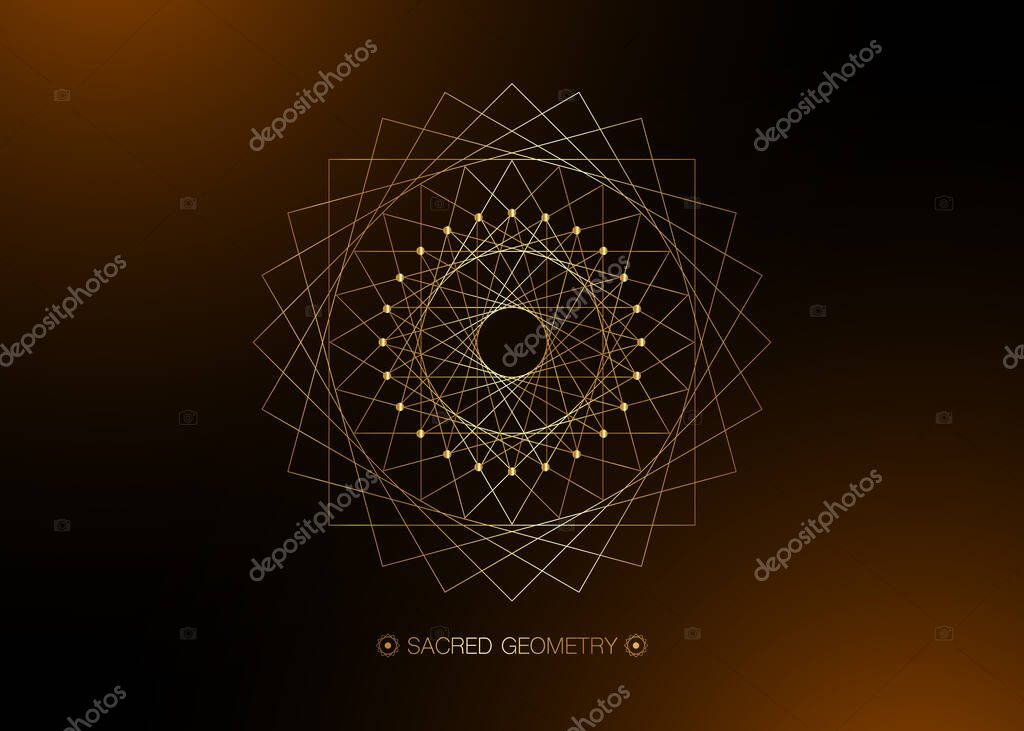 Gold Circle mandala, Sacred Geometry, round frame sign geometric logo design with intertwining of square and triangular shapes, golden line drawing mystic icon vector isolated on black background