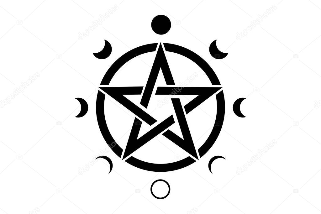Pentacle circle symbol and Phases of the moon. Wiccan symbol, full moon, waning, waxing, first quarter, gibbous, crescent, third quarter. Vector mystic logo isolated on white background 