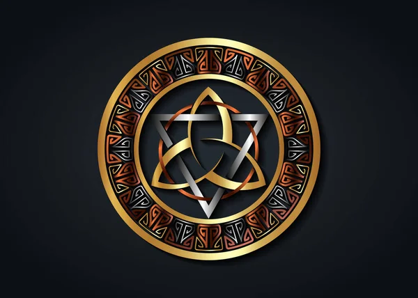 Gümüş Üçgen Bronz Çember Logosu Metalik Çerçeve Üçlü Düğümü Pagan — Stok Vektör