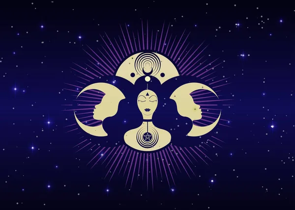 女魔術の母なる大地性的創造の象徴 不妊とトリプルムーンウィッカのスパイラル女神 再生のスパイラルサイクル 三日月形の半分と満月のベクトルの星空 — ストックベクタ
