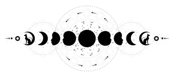 Phases Lune Triple Lune Chats Noirs Symbole Païen Déesse Wiccan — Image vectorielle