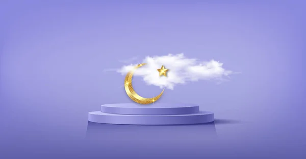 Kemewahan Islam Podium Dengan Bulan Sabit Emas Simbol Simbol Islam - Stok Vektor