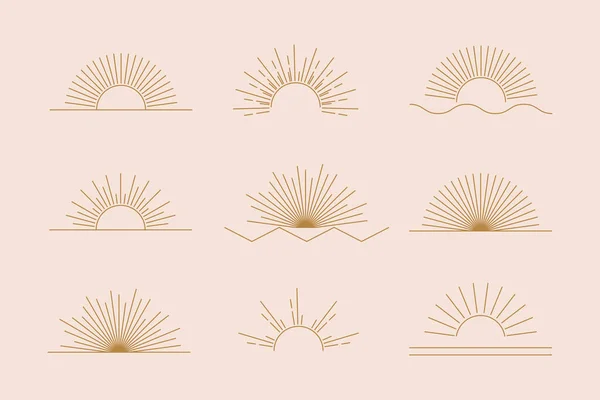 Vector Sun Set Linear Boho Icons Symbols Gold Sun Logo — Stock Vector