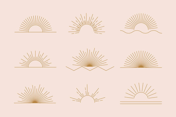 Vector Sun set of linear boho icons and symbols, gold sun logo design templates, abstract design elements for decoration in modern minimalist style for social media posts, stories, artisan jewellery