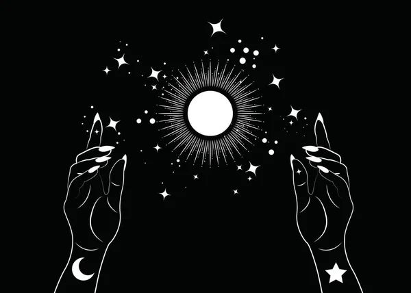 Mystical Woman Hands Alchymie Esoterický Magický Symbol Slunce Posvátná Geometrie — Stockový vektor