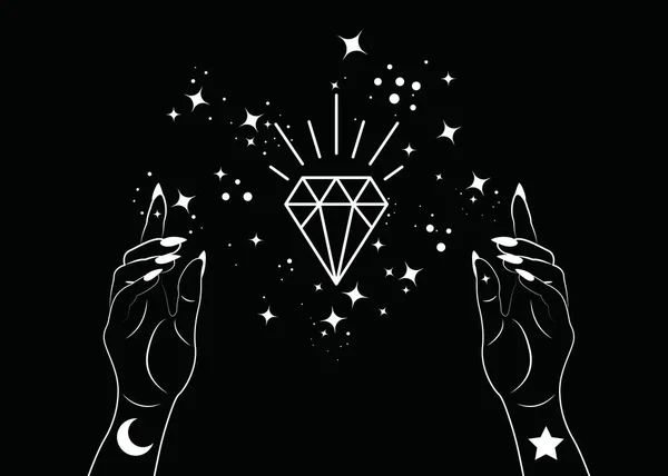 Mystische Frauenhände Alchemie Esoterische Magische Raumsterne Kristallsymbol Heilige Geometrie Boho — Stockvektor