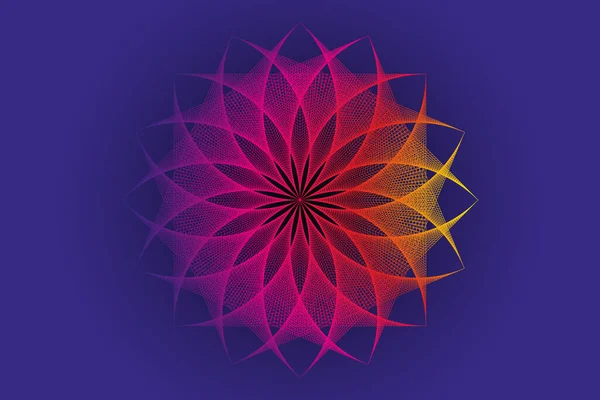 蓮の花スペクトル曼荼羅 糸アート 神聖幾何学 文字列アートカラフルなロゴアイコン 錬金術の幾何学的な兆候密教の花 青い背景に隔離されたベクトル神瞑想 — ストックベクタ