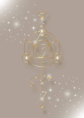 Sacred geometry abstract mystic signs. Merkaba thin line geometric triangle shape, esoteric or spiritual symbols. isolated on shiny starry background. Gold linear shapes. For you design, print, card clipart