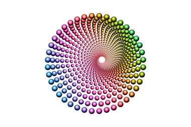 3D renkli yarım tonlu noktalar çemberi, spiral desenli yuvarlak logo şablonu, vektör noktalı çerçeve. Spektrum Gradyan rengi Mandala tasarım elementi beyaz arkaplanda izole edildi 