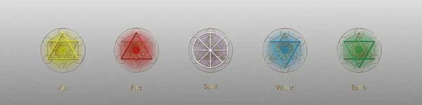 Vijf Elementen Pictogrammen Magic Spirit Symbool Gouden Ronde Symbolen Set — Stockvector