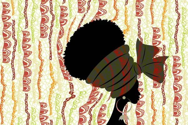 バナー肖像画の美しさ伝統的なターバン手作り部族のデザインの結婚式の織物でアフリカの女性 ケントヘッドラップアフリカ 黒の女性アフロ巻き毛 ベクトル民族プリント生地の背景 — ストックベクタ