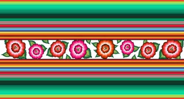 Seamless Banner Mexican floral embroidery pattern, ethnic colorful native flowers folk fashion design. Embroidered Traditional Textile Style of Mexico, vector isolated on striped background clipart