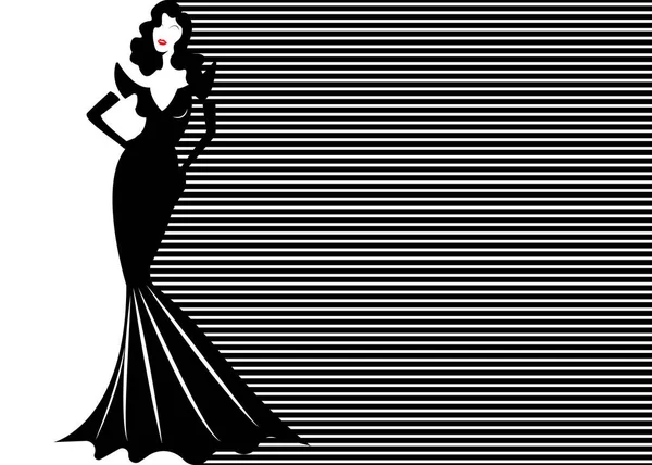 Модель Черно Белом Полосатом Фоне Женщина Гламурном Длинном Черном Платье — стоковый вектор