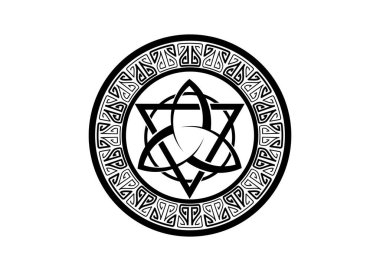 Üçgen ve Çember logolu Triquetra, Üçlü Pagan Kelt sembollü Üçlü Tanrıça dövmesi. Wicca çerçeve işareti, gölgeler kitabı, Vector Sınır Wiccan kehaneti beyaz arkaplanda izole 