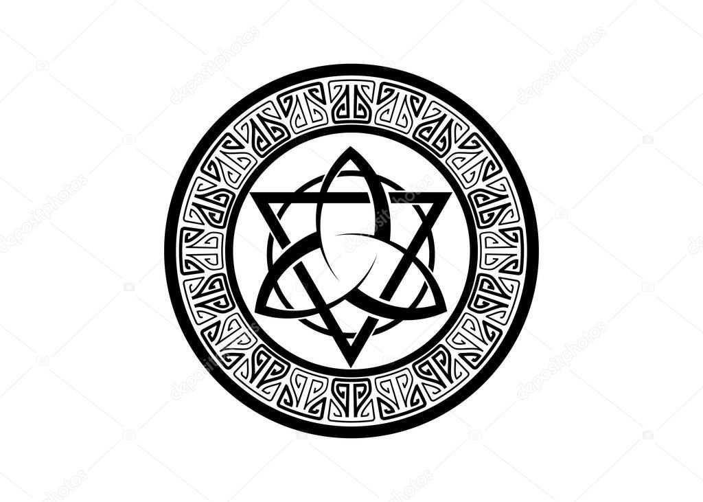 Triquetra with Triangle and Circle logo, Trinity Knot tattoo, Pagan Celtic symbol Triple Goddess. Wicca frame sign, book of shadows, Vector Border Wiccan divination isolated on white background 