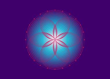 Yaşam sembolü Kutsal Geometri. Simya ezoterik hayat çiçeğinin logo simgesi Geometrik mistik mandala. İç içe geçmiş pembe halkalar, vektör lotus meditasyon tılsımı mor arka planda izole edilmiş.