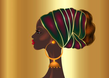 Afro saç stili, balmumu desenli kumaş sarıklı güzel bir Afrikalı kadın, çeşitlilik konsepti. Siyah Kraliçe, saç örgüleri ve kıvırcık saçlar için etnik baş kravatı. Altın arkaplanda izole edilmiş vektör