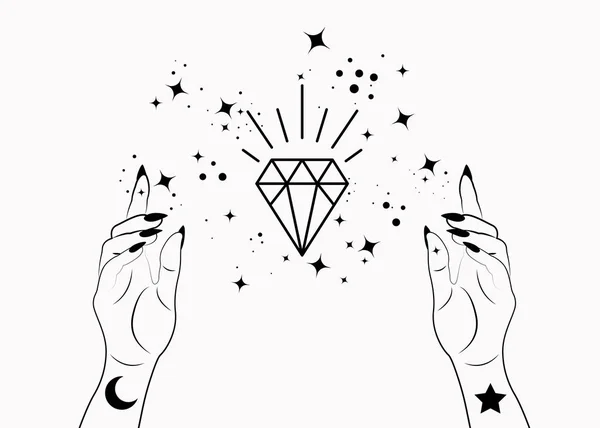 Mistyczna Kobieta Ręce Alchemii Ezoteryczne Magiczne Gwiazdy Kosmiczne Kryształowy Symbol — Wektor stockowy