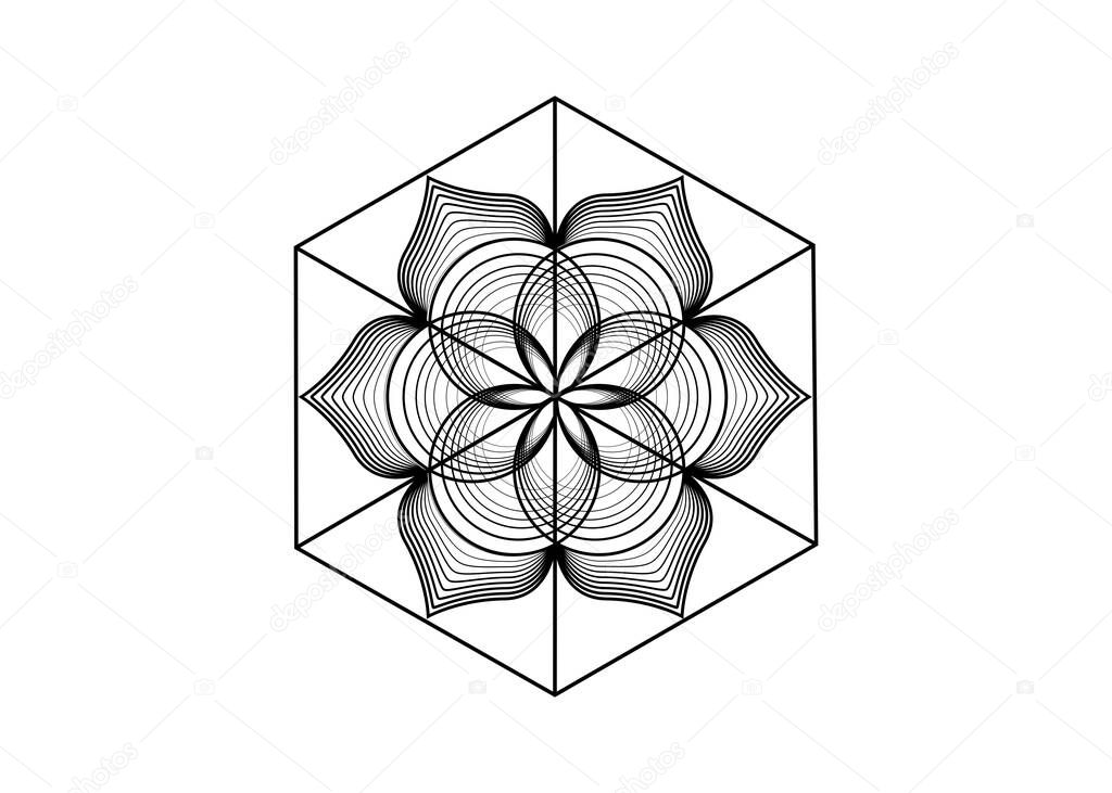 Seed of life symbol Sacred Geometry. Logo icon Geometric mystic mandala of alchemy esoteric Flower of Life. Vector black lines, Yantra, chakra or lotus divine meditative amulet isolated on white 