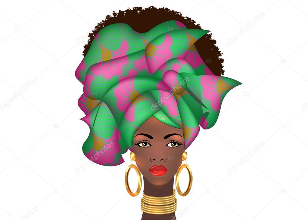 Afro hairstyle beautiful portrait African woman in wax print fabric turban, gold jewelry, diversity concept. Black Queen, ethnic head tie for afro kinky curly hair. Vector isolated on white background