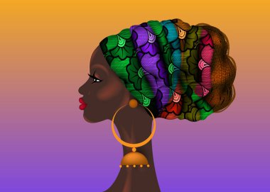 Afro saç stili, balmumu desenli kumaş sarıklı güzel bir Afrikalı kadın, çeşitlilik konsepti. Siyah Kraliçe, afro örgü için etnik baş kravatı ve renkli arka planda izole edilmiş kıvırcık saç vektörü.