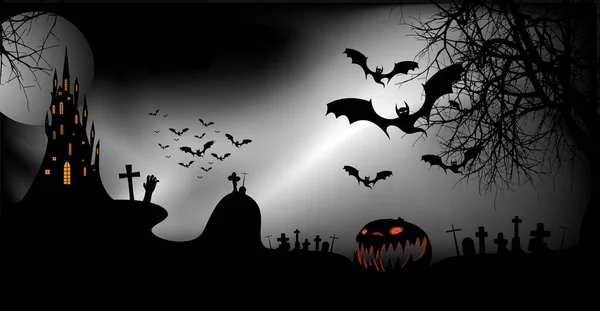 Banner Festa Halloween Fundo Escuro Assustador Silhuetas Personagens Morcegos Assustadores — Vetor de Stock