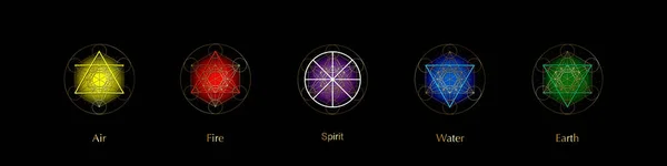 Five Elements Icons Magic Spirit Symbol Gold Symbols Set Template — Stock Vector