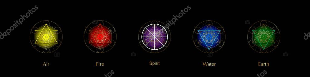 Five elements icons and Magic Spirit symbol, Gold round symbols set template. Air, fire, water, earth four symbol. Pictograph Alchemy signs isolated on black background. Colorful vector elements