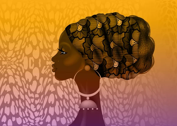 Penteado Afro Belo Retrato Mulher Africana Turbante Tecido Impressão Cera — Vetor de Stock