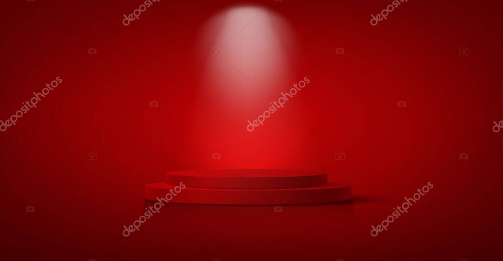3D winner podium, red carpet staircase, celebrity party award concept. Banner Hollywood event, Films and cinema template stock, Academy award stars vector isolated on red background