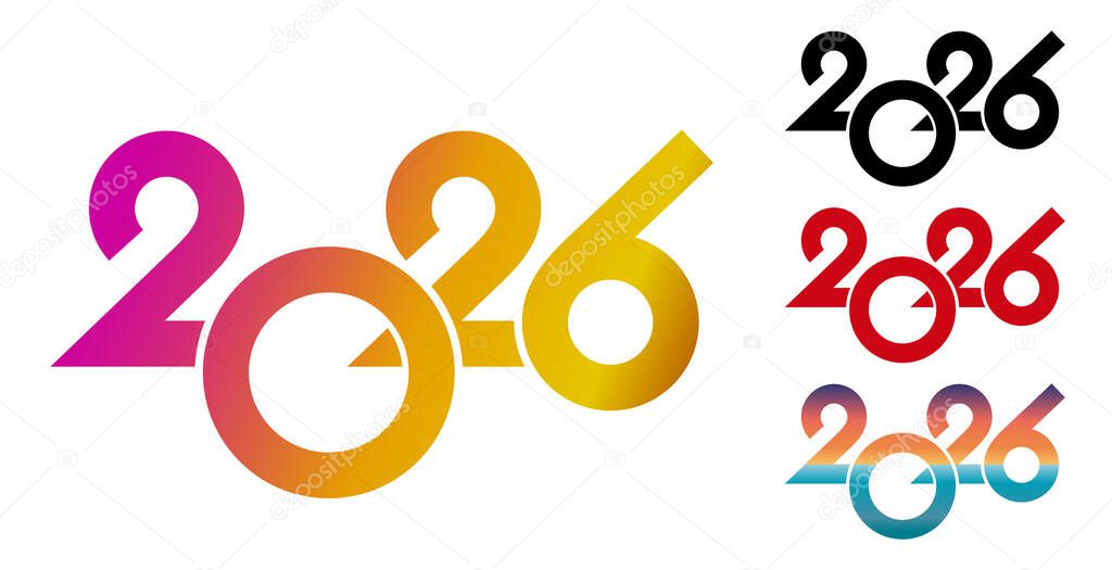 Set of 2026 number design template. Colorful gradient of 2026 Happy New Year logo text design. Collection of 2026 Christmas festive stickers. Vector illustration isolated on white backgroun