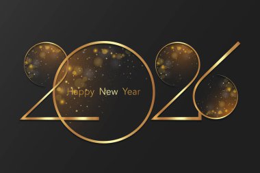 2026 New Year gold logo design. Holiday greeting card. Vector illustration. Glitter Luxury design for template card, invitation, calendar, party, golden festive label isolated on black background 