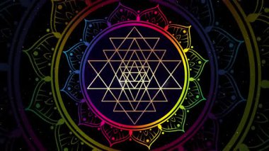 Psychedelic Sri Yantra Lotus mandala animasyonu, Hinduizm 'de kullanılan renkli kutsal geometri, Tantrizm zihni uyumlu hale getirmek ve ruhsal uyanışı teşvik etmek için bir araç olarak kullanılır.