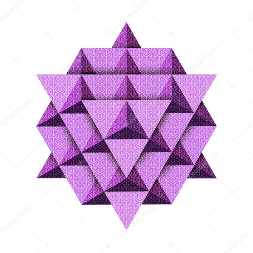 Sacred Geometry 3D Tetrahedron platonic solids, 64 Tetrahedrons Grid, purple logo design, low poly shapes polygonal faces, geometric texture, vector illustration isolated on white background