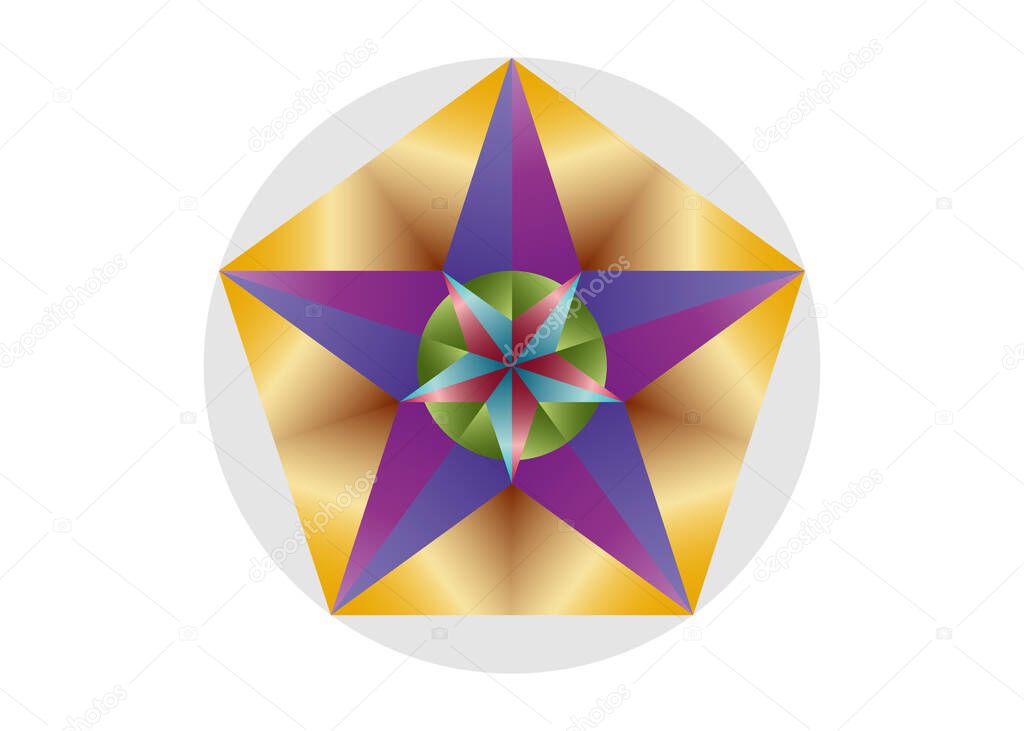 Pentagram symbol, Pentagonal star. Golden section, Fibonacci number. Colorful Star Pentagon, Geometric shape. Abstract vector logo design isolated on white background