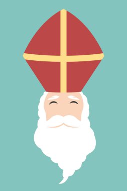 Sinterklaas ya da Sint Nicolaas çizgi film yüzü, bayram afişi. El çizimi Hollandalı folklor karakteri. Vektör illüstrasyonu yeşil vintage arkaplanda izole edildi