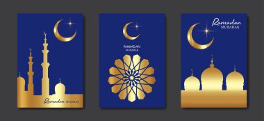 Ramazan Mübarek vektörü altın renkli A4 kartı ayarladı. Yazılı tatil posterleri, İslami semboller, hilal ay ve cami. Müslüman dini ilanı, el ilanı, parti davetiyesi, satış mağazası, kapak