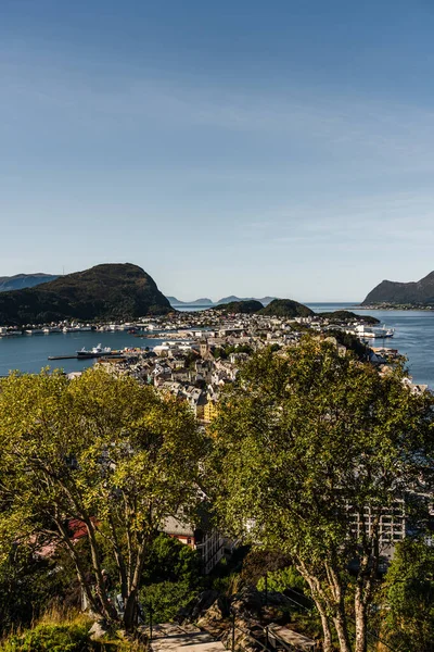 天気の良い日には ノルウェーのアレスンドの景色を背景に山脈が水の周りにあります ストックフォト