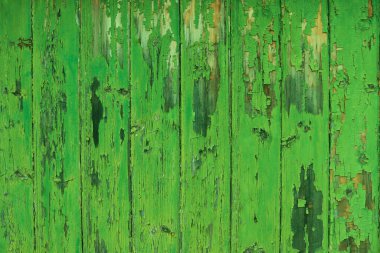 Ahşap bir binanın dış tarafında soyulmuş, pul pul yeşil boya var.