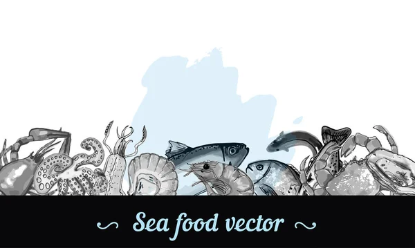Morze Ryby Ręcznie Rysowane Ilustracja Ramka Obramowanie Dół Atrament Akwarela — Wektor stockowy