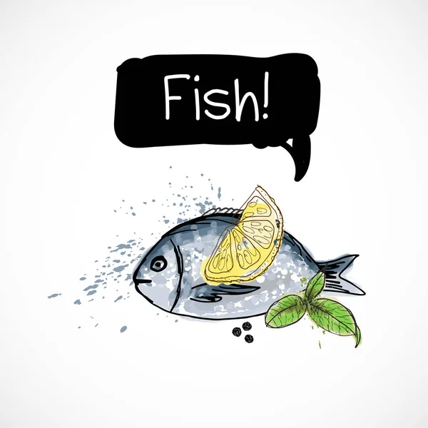 Acuarela Pescado Dibujado Mano Con Limón Hierba Ilustración Aislada Alimentos — Vector de stock
