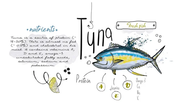 Atum Peixe Mão Desenhada Conjunto Aquarela Tinta Restaurante Menu Vitamina — Vetor de Stock