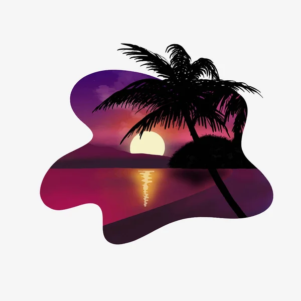 Zonsondergang Beath Silhouet Palm Zon Naar Beneden Reflectie Poster Tropisch — Stockvector